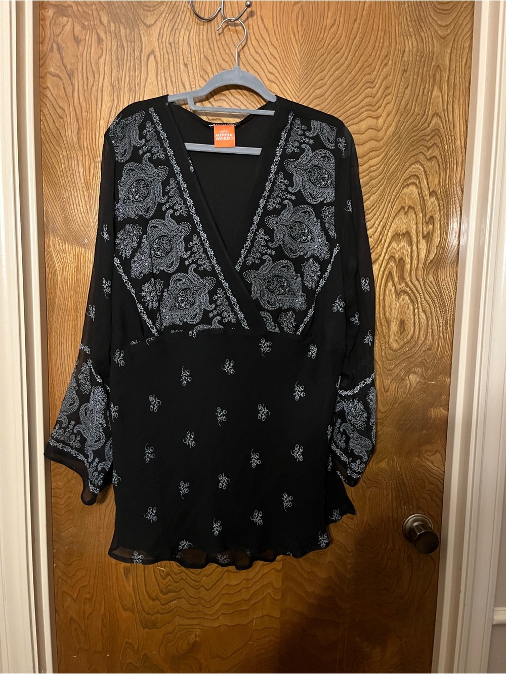 Black Paisley V-Neck Tunic Top with Silver Print - Picture 3 of 4